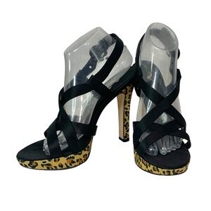 NINA Black Satin Leopard Platform Heel Leather Sole Sz 8.5